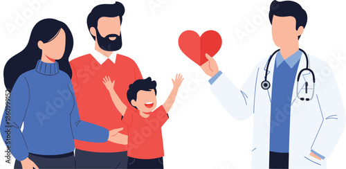 Happy family with child visiting friendly doctor holding red heart symbol of healthcare, medical insurance, wellness support and protection, healthy lifestyle concept illustration
