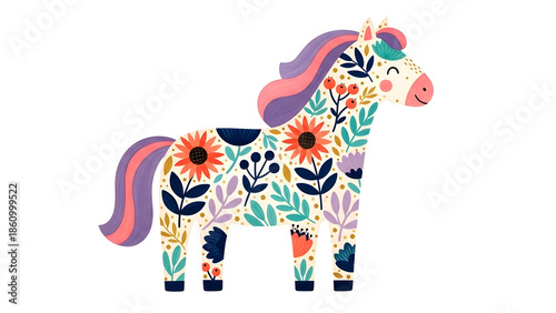 Wallpaper Mural Folk-Art Floral Patterned Horse — Whimsical Decorative Illustration Torontodigital.ca