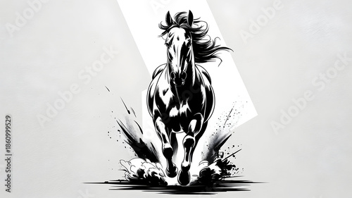 Wallpaper Mural High-Contrast Running Horse with Ink Splatter — Dynamic Motion Torontodigital.ca