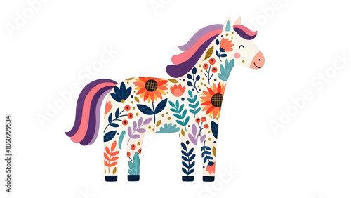 Wallpaper Mural Folk-Art Floral Patterned Horse — Whimsical Decorative Illustration Torontodigital.ca