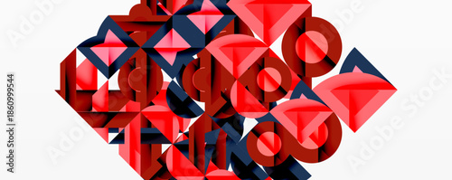 Abstract geometric composition. Red, navy shapes overlap, creating dynamic visual texture. Modern design, bold contrasts present.
