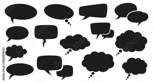 A collection of diverse black speech bubbles and thought clouds a striking silhouette