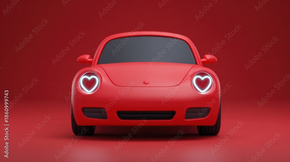 Fototapeta premium Cute Red Car with Heart-Shaped Headlights on a Bright Red Background for Love and Valentine Themes