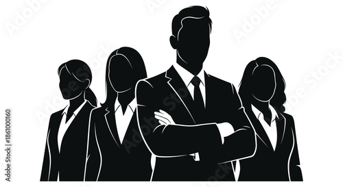 A group of formally dressed professionals stands confidently together a striking black silhouette