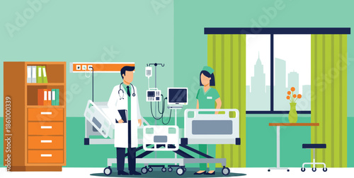 Modern hospital patient room interior, doctor and nurse preparing medical equipment, healthcare service, treatment, professional hospital staff teamwork, patient care environment illustration