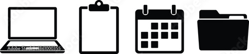 Work icon set, black vector style, laptop, clipboard, calendar, file folder, productivity, planning, organization, office tools
