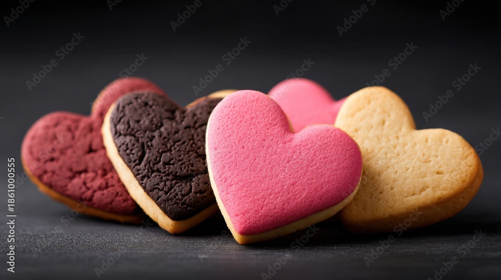 Obraz premium Freshly Baked Heart-Shaped Cookies with Colorful Icing on Dark Background for Celebrations and Special Occasions