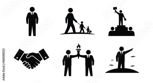 A collection of black silhouettes depicting business success leadership and partnership silhouette