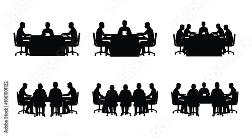 A group of people seated around conference tables in a stark black silhouette