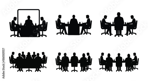 A collection of business meeting arrangements depicted in a stark black silhouette