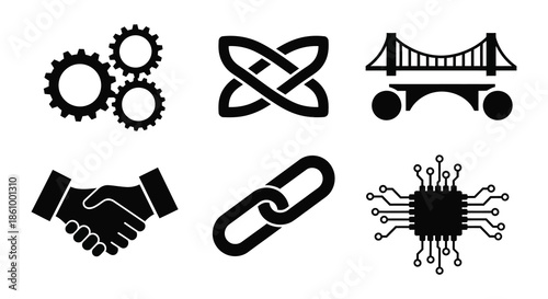 A collection of black icons representing technology connection and infrastructure a striking silhouette