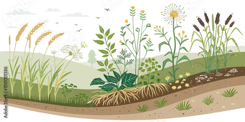 Vibrant illustration of diverse plant life in a natural landscape with roots and soil layers
