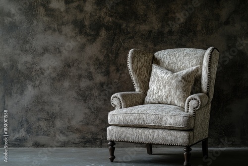 Wingback chair against mottled wall; warm, neutral hues