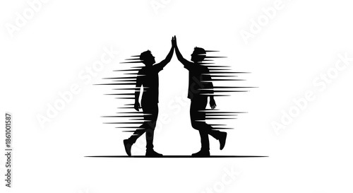 Two people celebrating a high five with dynamic lines creating a striking silhouette