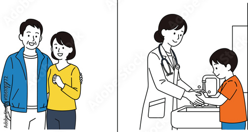 smiling parents portrait, happy couple illustration, family lifestyle concept, doctor helping child wash hands, healthcare hygiene education, hospital clinic visit, medical care guidance
