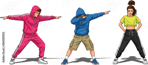 Teenagers performing cool street dance poses, hip hop style, energetic youth expression, urban culture, modern choreography, fashion, attitude, confidence illustration