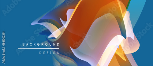 Abstract fluid shapes overlap, creating vibrant color gradients. Blue background contrasts warm orange, yellow hues. Modern design element.