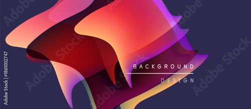 Abstract shapes overlap, creating vibrant gradients. Colors range from pinks, oranges, purples against dark background. Modern design element.