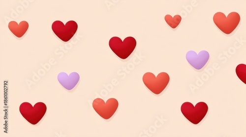 Vibrant Hearts on Soft Background in Various Shades of Red and Pink for Romantic and Decorative Themes