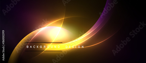 Abstract golden waves radiate from bright center. Dark background emphasizes luminous curves, text reads background design.
