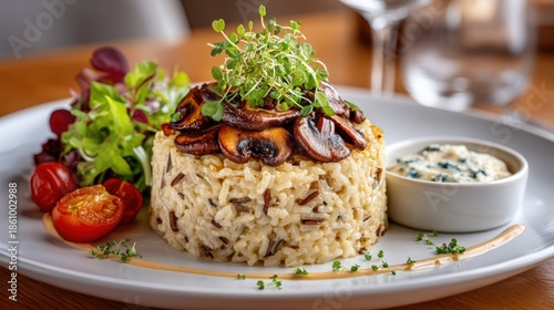 Delicious gourmet rice dish with mushrooms and fresh greens served
