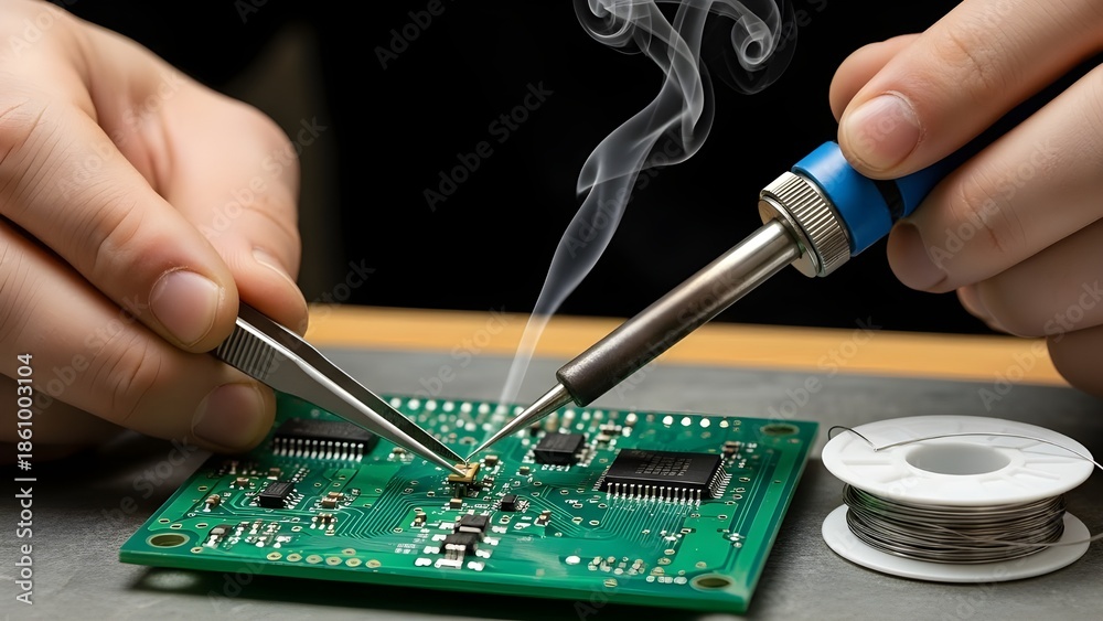 Obraz premium Skilled technician's hands delicately soldering miniature electronic components onto a printed circuit board, demonstrating precision in micro-electronics assembly and repair work