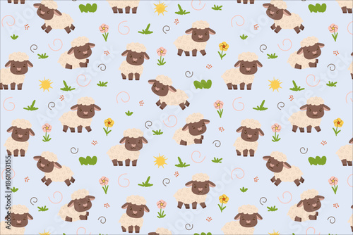 Cute sheep pattern vector illustration with playful sheep, flowers, and doodles on a light blue background. Ideal for children s products, wallpapers, and cheerful designs.