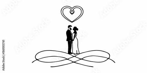Couple embracing under a heart-shaped decoration on a simple background