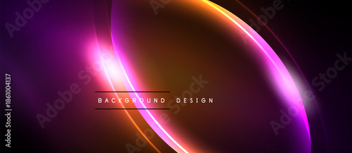 Abstract dynamic lines, vibrant purple, orange hues. Dark background creates luminous effect. Modern design element.