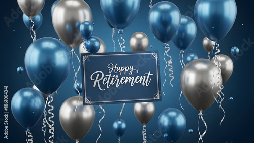A celebratory scene with blue and silver balloons and a Happy Retirement sign