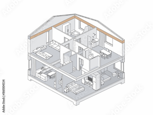 Architectural axonometric cutaway view of a twostory house interior structure