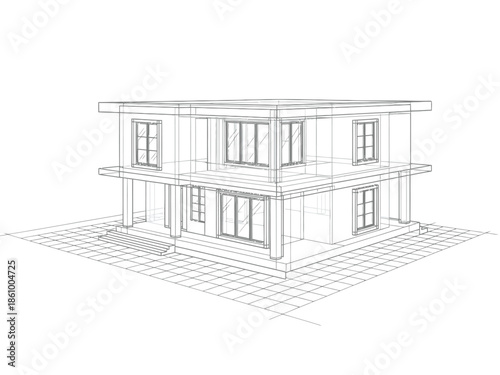 Wireframe perspective drawing of a twostory modern house with a flat roof