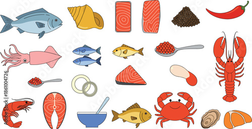 Seafood and fish icon collection featuring fresh salmon fillets lobster crab shrimp squid and oysters for restaurant menu market and vector design.