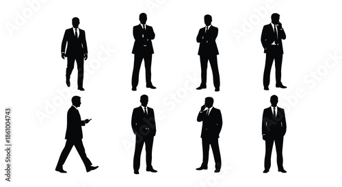 A group of business professionals depicted in various poses a striking black silhouette