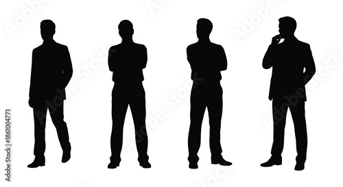 Four men in suits posing with different stances presented as a striking black silhouette