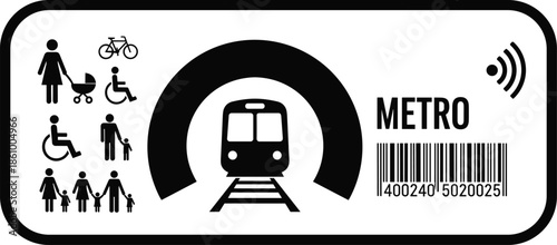 Black and White Metro Ticket Design with Subway Train Silhouette, Barcode, Wireless Payment Icon, and Universal Passenger Accessibility Symbols Illustration