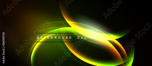 Abstract design features vibrant yellow, green curves against dark backdrop. Light glows emanate from central point, creating dynamic effect.