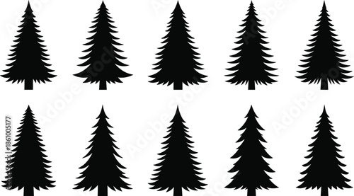 Black evergreen tree silhouette collection featuring various pine fir and spruce shapes for winter forest nature landscape holiday Christmas and flat vector design.