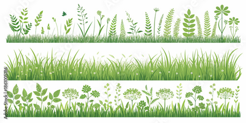 Vibrant green grass and plant illustrations for nature designs