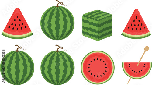 Fresh watermelon collection featuring whole fruit slices wedges and unique square shapes for summer food healthy snack organic produce and vector design.