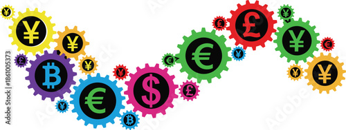 Global Currency Exchange Concept with Colorful Gears and Money Symbols for Bitcoin, Dollar, Euro, Yen, and Pound Sterling Financial Markets Illustration