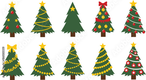 Decorated Christmas tree collection featuring various evergreen designs with stars ornaments garlands and bows for winter holiday celebration and flat vector design.