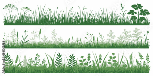 Vibrant grass and plant silhouettes in various green hues