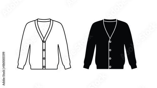 Technical illustration of two open front cardigans in black and white silhouette