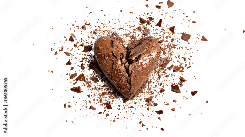 Fototapeta premium Broken chocolate heart symbol of sorrow and sadness on transparent backdrop