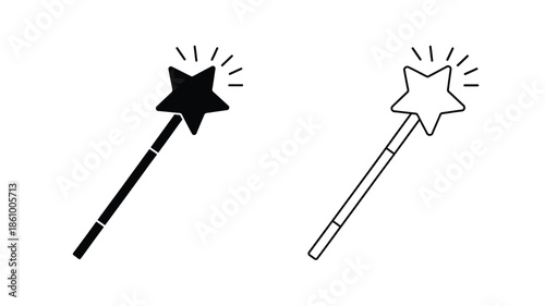 Two magic wands with star tips in contrasting styles a silhouette