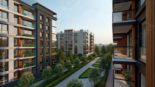 Multifamily homes in modern area concept. Modern urban building with green pathways and balconies.