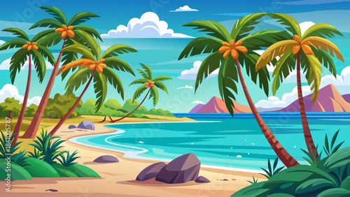 Tropical beach landscape vector with palm trees, turquoise water and clear sky, flat illustration