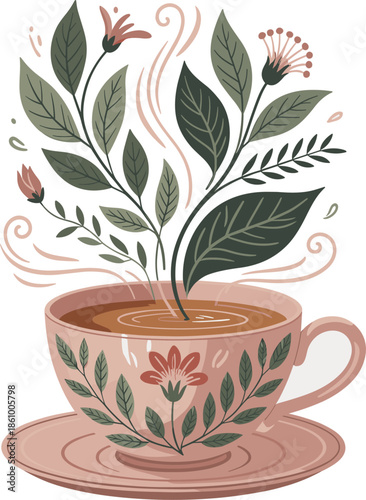 Artistic herbal tea cup vector with blooming flowers and green leaves steam design