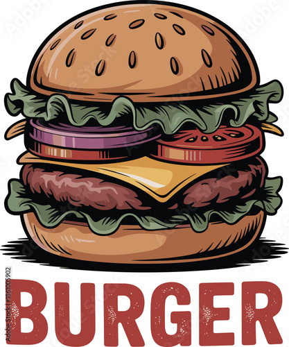 Classic burger vector illustration with beef patty cheese lettuce and tomato layers